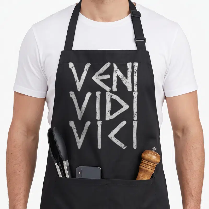 Gaius caesar apron - Stacked white distressed text reading VENI VIDI VICI on a grey background — shown on a black cotton canvas apron against a white background