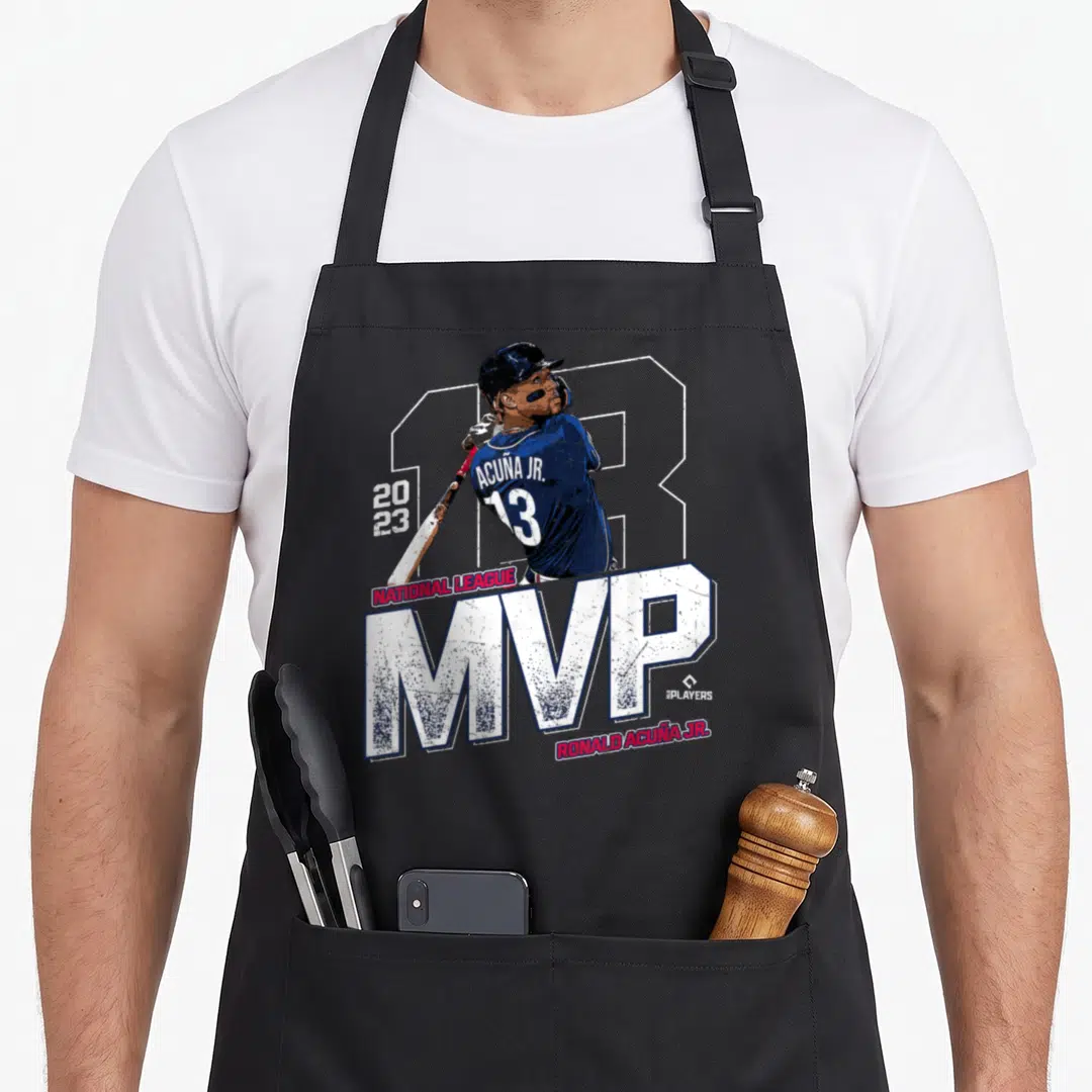 National mvp apron - Baseball player swinging bat with 2023 MVP text and number 13 outline — shown on a black cotton canvas apron against a white background