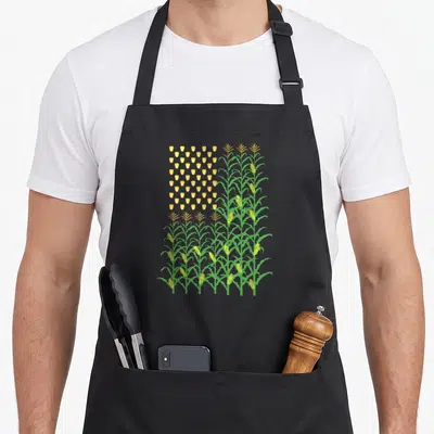Corn american flag apron - Minimalist flag design formed by yellow corn cobs and vertical green stalks on black fabric — shown on a black cotton canvas apron against a white background