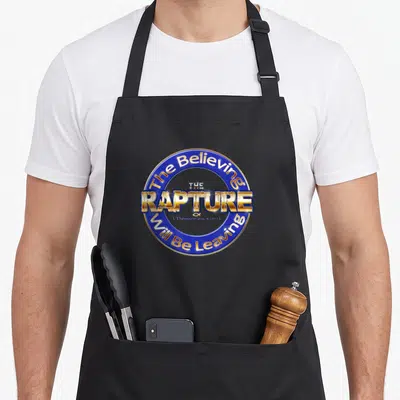 Rapture christian apron - Blue circular emblem with gold rapture text and scripture reference I Thessalonians 4:16-18 — shown on a black cotton canvas apron against a white background