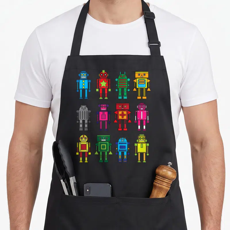 Technology robot apron - Twelve colorful cartoon robots arranged in a 3x4 grid on grey background — shown on a black cotton canvas apron against a white background