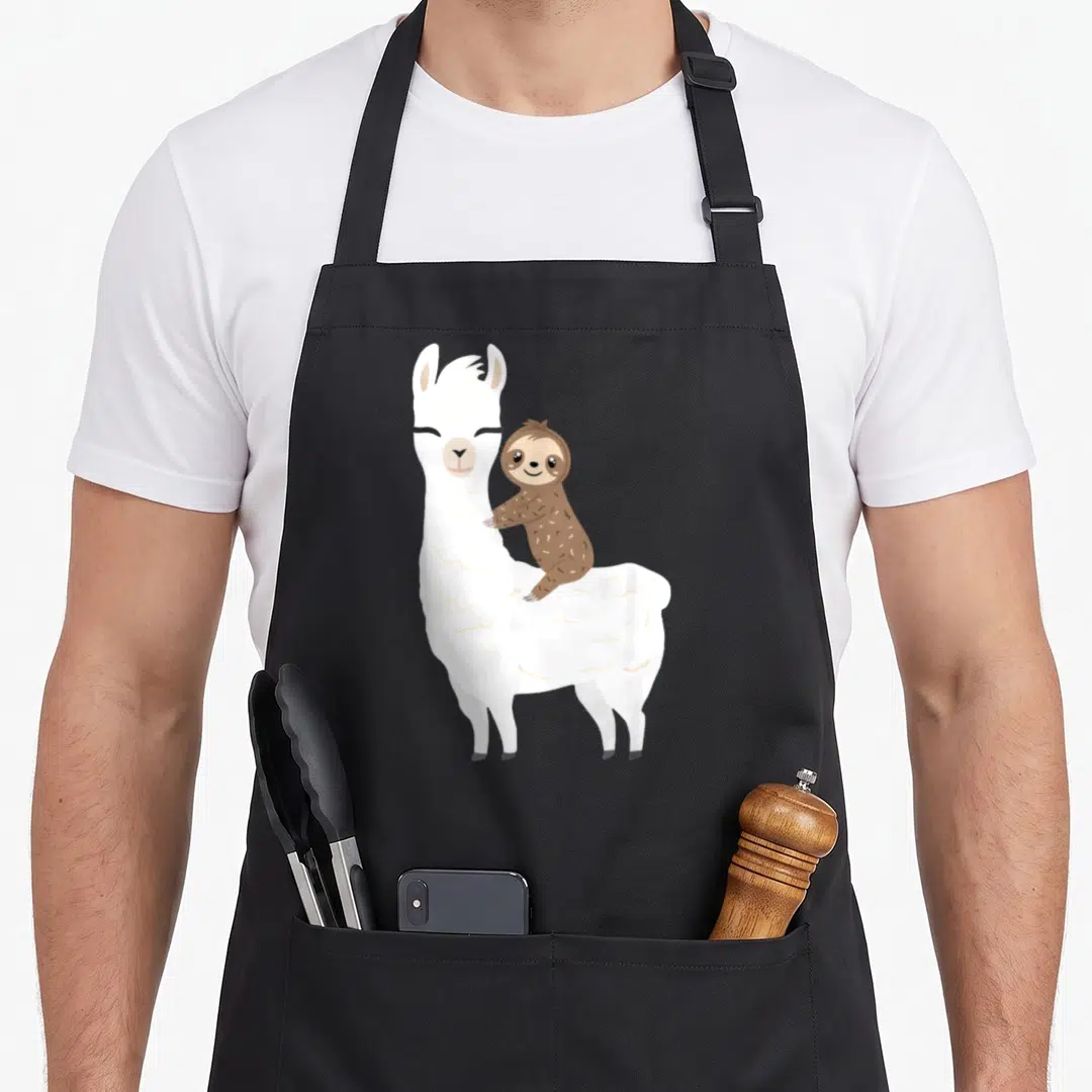 Sloth birthday apron - White llama with brown sloth clinging to back in cartoon style — shown on a black cotton canvas apron against a white background