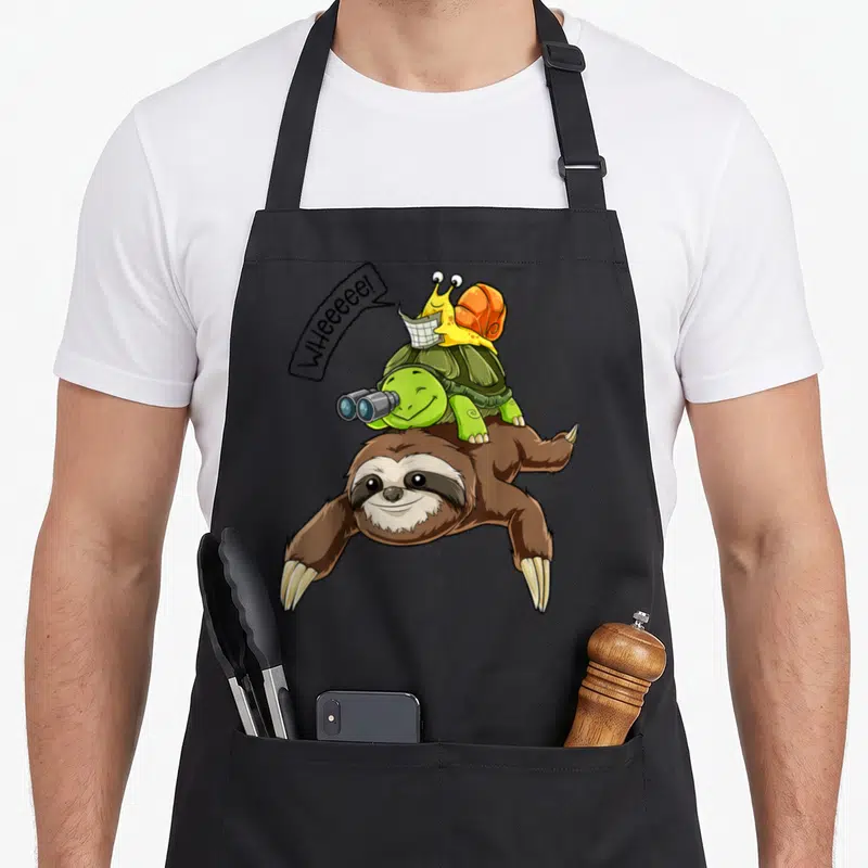Turtle snail sloth apron - Cartoon sloth carrying turtle with binoculars and snail with map under WHEEEEE speech bubble — shown on a black cotton canvas apron against a white background