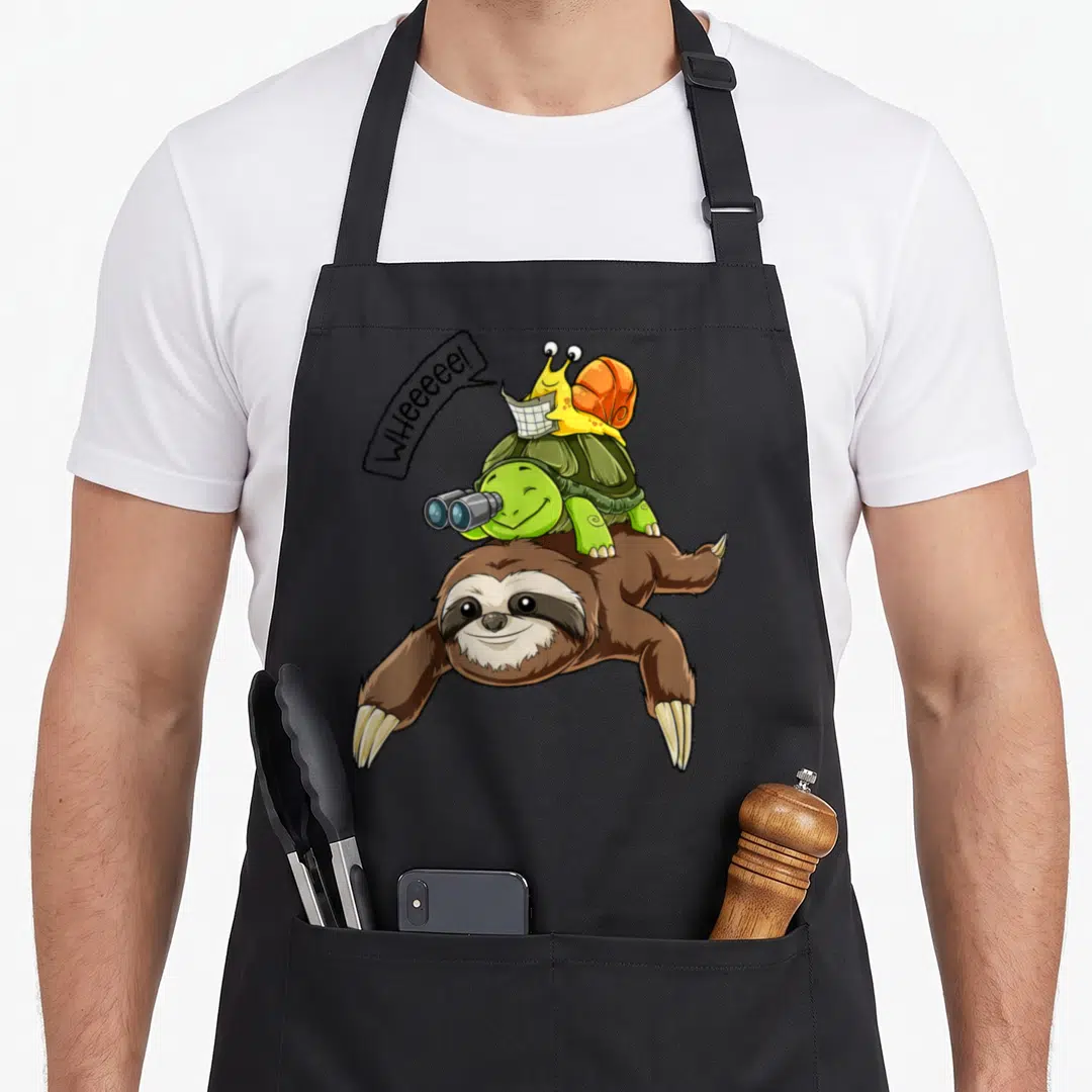 Turtle snail sloth apron - Cartoon sloth carrying turtle with binoculars and snail with map under WHEEEEE speech bubble — shown on a black cotton canvas apron against a white background