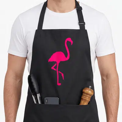 Cute pink flamingo apron - Single pink flamingo silhouette standing on one foot, minimalist design — shown on a black cotton canvas apron against a white background