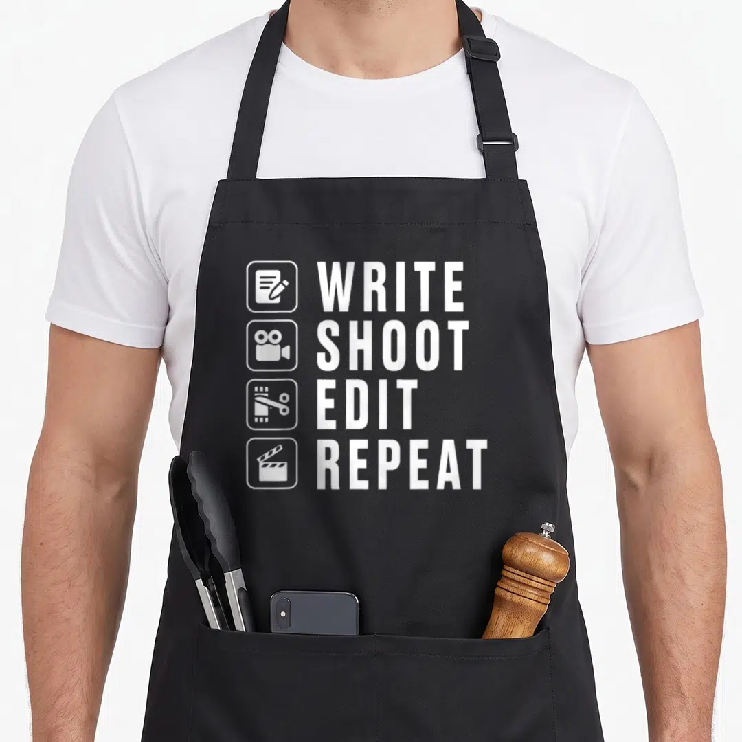 Write edit apron - Four white film icons in rounded squares beside stacked text reading WRITE SHOOT EDIT REPEAT — shown on a black cotton canvas apron against a white background