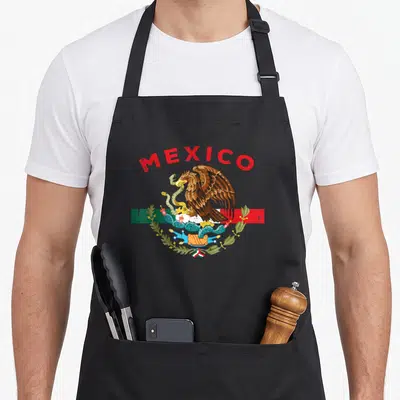 Eagle mexican apron - MEXICO text arching over an eagle perched on a cactus eating a snake against a flag background — shown on a black cotton canvas apron against a white background
