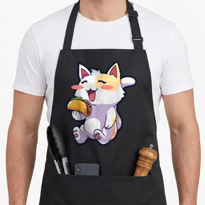 Taco kawaii cooking apron - Seated cartoon cat holding taco in white orange purple and yellow — shown on a black cotton canvas apron against a white background
