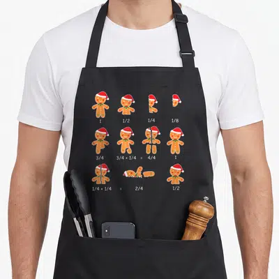Hat women's christmas aprons - Gingerbread men in Santa hats sliced into fractions 1/8 to 4/4 with math equations below — shown on a black cotton canvas apron against a white background