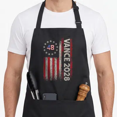 Vance political aprons - Distressed 48 Vance 2028 graphic with stars and red white stripes — shown on a black cotton canvas apron against a white background