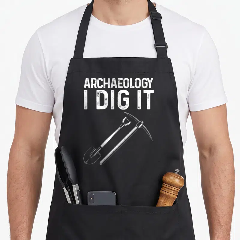 Archaeology artifact apron - White distressed text ARCHAEOLOGY I DIG IT above crossed shovel and pickaxe tools — shown on a black cotton canvas apron against a white background