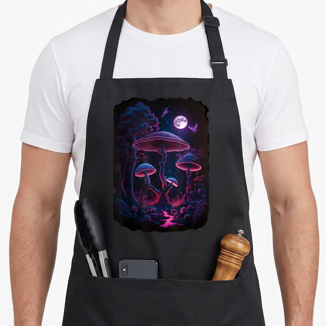 Dark academia mushroom cottagecore apron - Glowing purple mushrooms, pink river, moon, and butterflies in dark blue — shown on a black cotton canvas apron against a white background