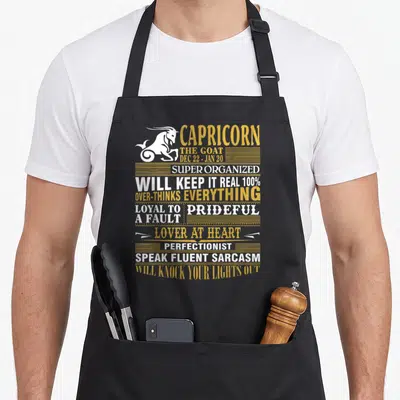 Fact capricorn apron - White goat silhouette next to stacked gold and white text listing zodiac personality traits — shown on a black cotton canvas apron against a white background