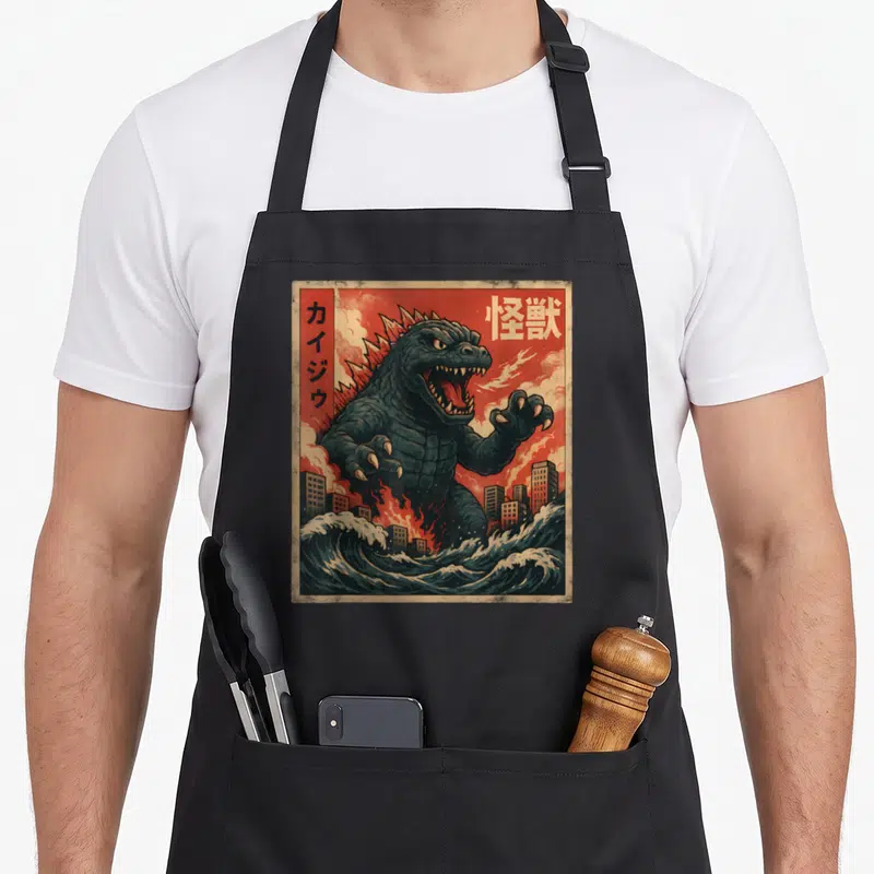 Kaiju anime apron - Dark blue kaiju monster rising from waves with red background and vertical Japanese text — shown on a black cotton canvas apron against a white background