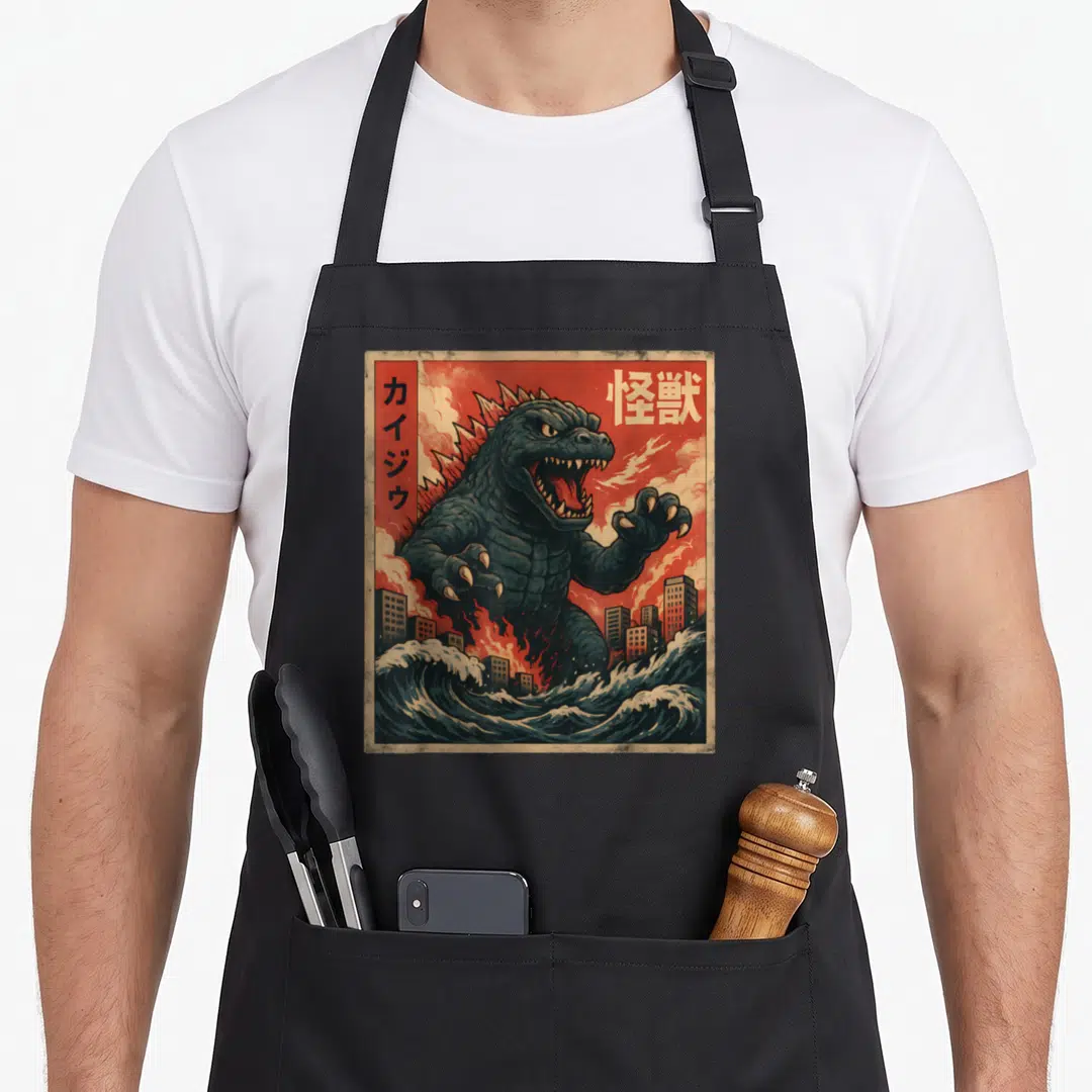 Kaiju anime apron - Dark blue kaiju monster rising from waves with red background and vertical Japanese text — shown on a black cotton canvas apron against a white background