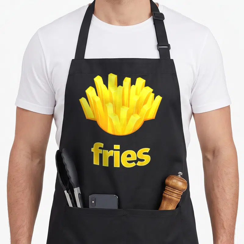 French halloween apron - Cartoon yellow and orange fries cluster above the word fries on a black background — shown on a black cotton canvas apron against a white background
