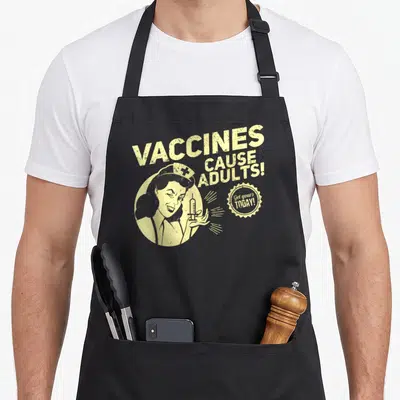Vaccination vaccine pro apron - Retro yellow nurse holding syringe with text Vaccines Cause Adults inside circle — shown on a black cotton canvas apron against a white background