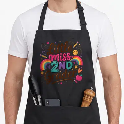 Grade second 2nd apron - Little Miss 2ND Grader text with rainbows, pencils, hearts, and smiley faces in brown and pink — shown on a black cotton canvas apron against a white background