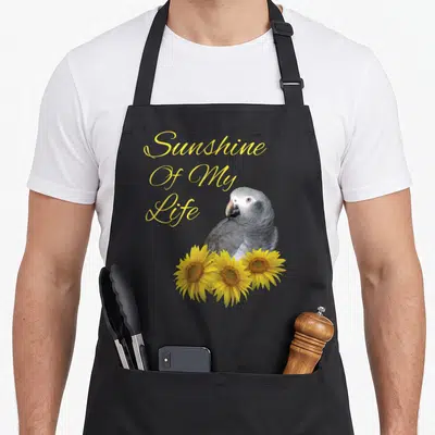 Sunshine african aprons - Grey parrot perched above three yellow sunflowers beside stacked yellow text — shown on a black cotton canvas apron against a white background