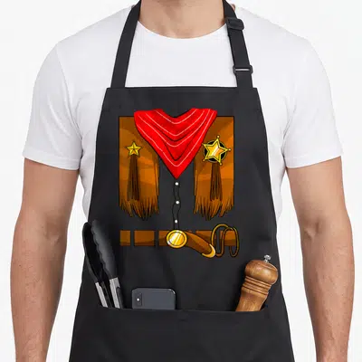Cowboy halloween white apron - Cartoon brown fringed jacket, red bandana, two yellow stars, belt, and lasso — shown on a black cotton canvas apron against a white background