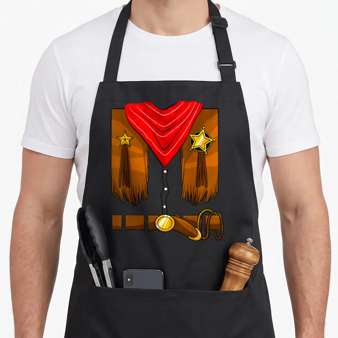 Cowboy halloween white apron - Cartoon brown fringed jacket, red bandana, two yellow stars, belt, and lasso — shown on a black cotton canvas apron against a white background