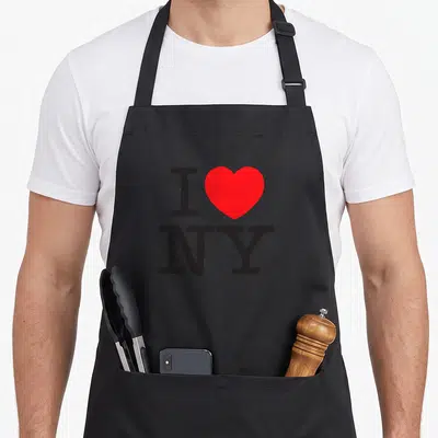 Comfort new york apron - I NY text with red heart symbol in black and red typography — shown on a black cotton canvas apron against a white background