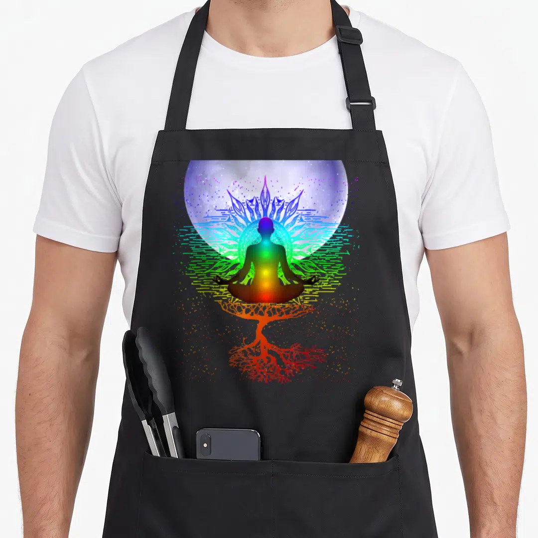Meditation tree apron - Silhouette meditating person with rainbow chakras, moon, and red roots on black apron — shown on a black cotton canvas apron against a white background