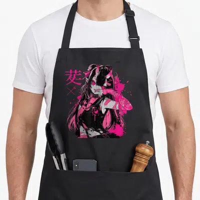 Alternative gothic apron - Anime girl with pink kanji and paint splatters in black, white, and pink — shown on a black cotton canvas apron against a white background