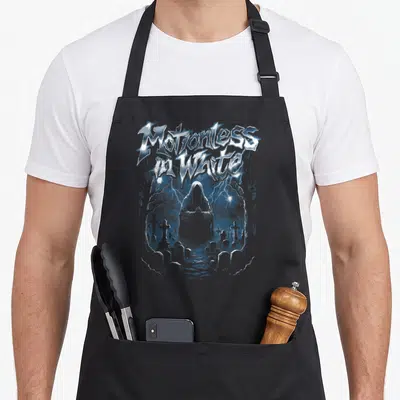 Motionless fear apron - Silver Motionless in White text above hooded figure in blue grey graveyard with lightning — shown on a black cotton canvas apron against a white background