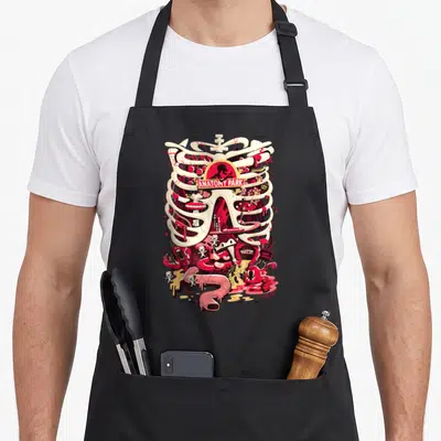 Park anatomy apron - Ribcage framing ANATOMY PARK sign with Algae Forest and Sphincter Falls text in red cream pink — shown on a black cotton canvas apron against a white background