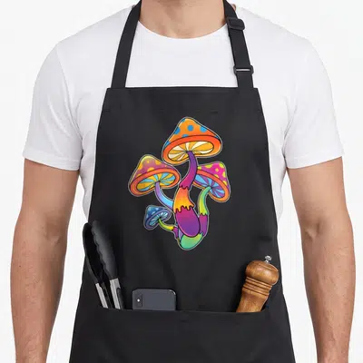 Colorful foraging apron - Four cartoon mushrooms in orange, blue, purple, green, and pink clustered together — shown on a black cotton canvas apron against a white background
