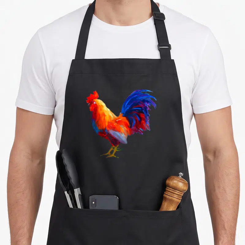 Rooster hen apron - Watercolor rooster in red orange blue and yellow on grey background — shown on a black cotton canvas apron against a white background