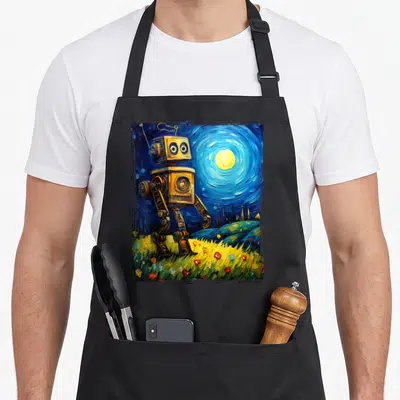 Robot van gogh apron - Retro robot standing in yellow flower field under swirling blue night sky and yellow moon — shown on a black cotton canvas apron against a white background