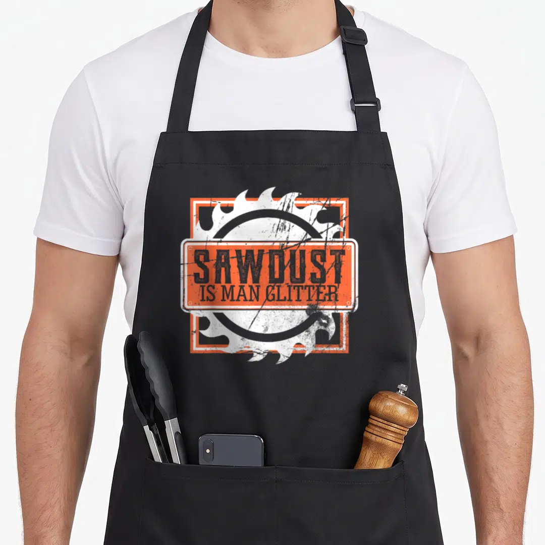 Sawdust glitter woodworking apron - White circular saw blade behind orange rectangular sign reading Sawdust Is Man — shown on a black cotton canvas apron against a white background
