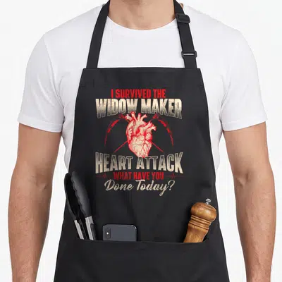 Widow maker apron - Red anatomical heart with two scythes and survival text — shown on a black cotton canvas apron against a white background