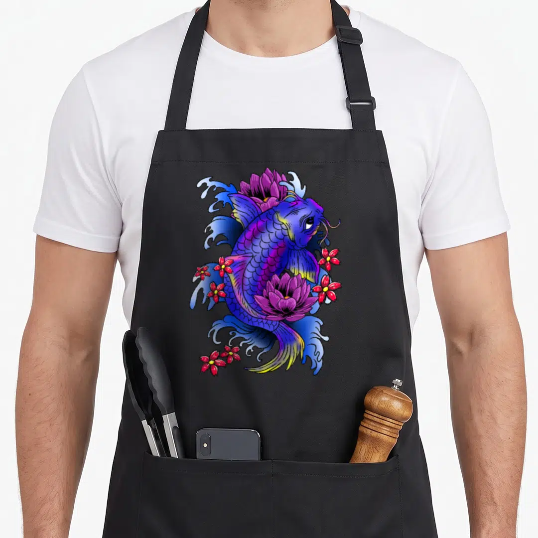 Fish japan apron - Purple and blue koi fish with two lotus flowers and red blossoms in cartoon style — shown on a black cotton canvas apron against a white background