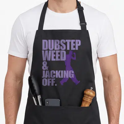 Weed dubstep apron - Purple stacked text DUBSTEP WEED & JACKING OFF next to a walking person silhouette — shown on a black cotton canvas apron against a white background