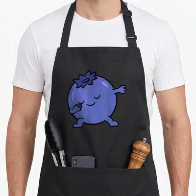 Dabbing fruit apron - Cartoon blueberry character performing a dab dance pose in blue and black outlines — shown on a black cotton canvas apron against a white background