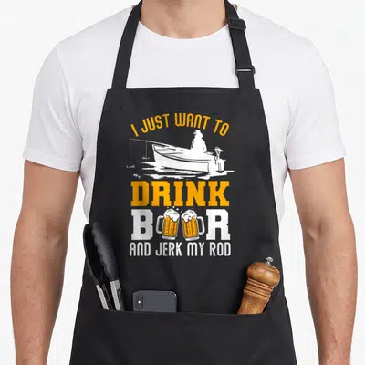 Drink fishing aprons - Fisherman in boat silhouette with text I just want to drink beer and jerk my rod using two beer — shown on a black cotton canvas apron against a white background