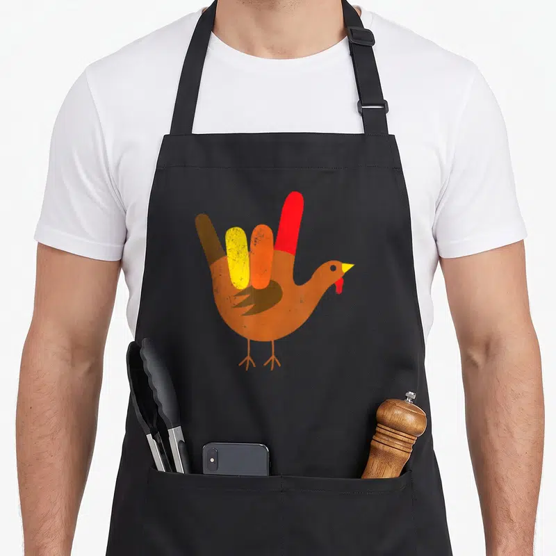 Sign thanksgiving apron - Cartoon turkey with four colored fingers forming ASL I love you sign in orange brown red — shown on a black cotton canvas apron against a white background