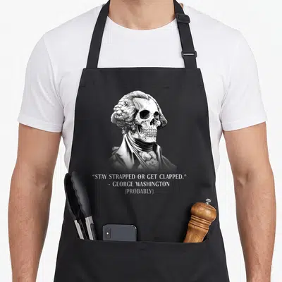 Stay apron or apron - Skeleton in colonial wig with Stay Strapped Or Get Clapped quote — shown on a black cotton canvas apron against a white background