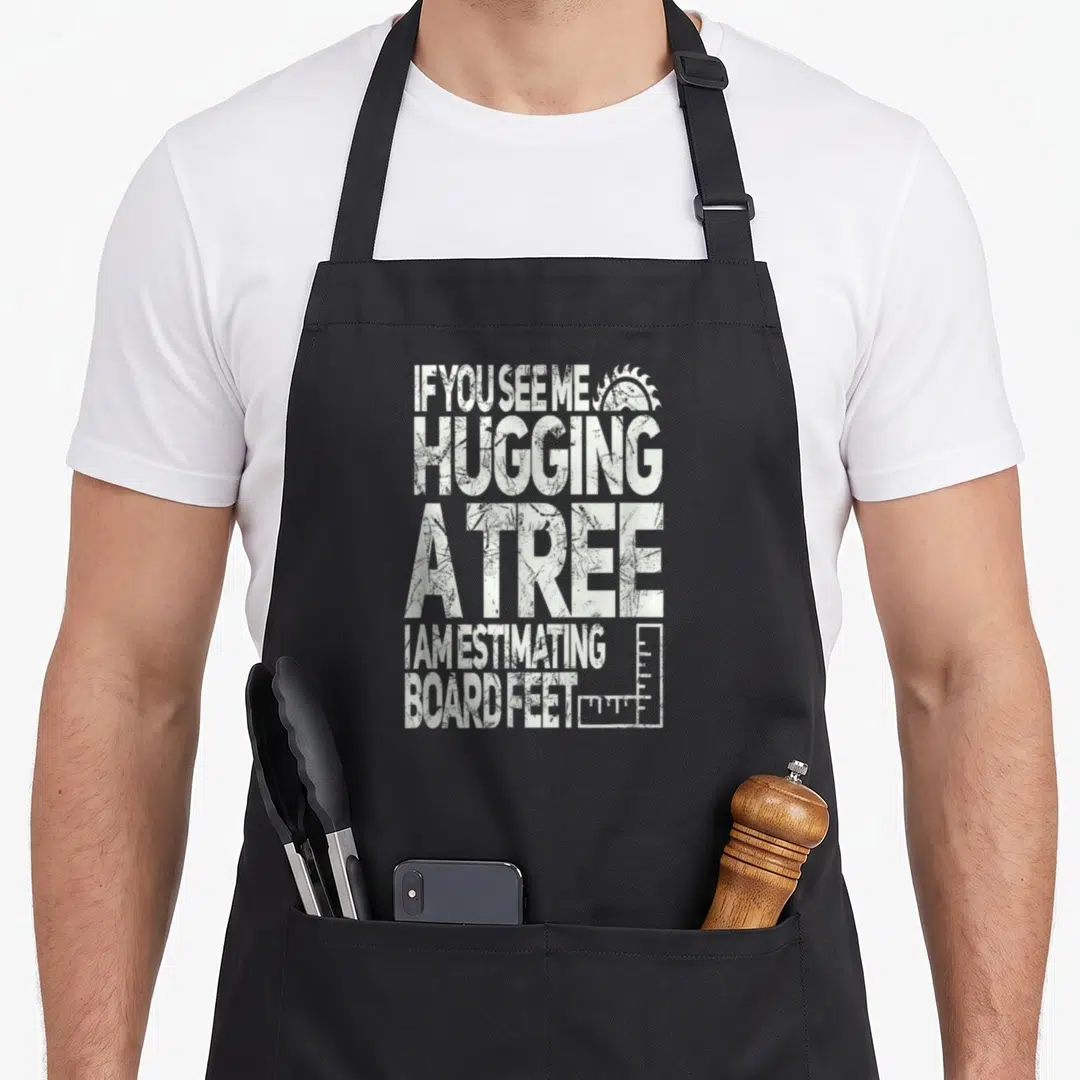 Crew woodworking apron - Distressed white text reading tree hugging board feet pun with saw blade and ruler icons — shown on a black cotton canvas apron against a white background
