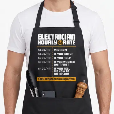 Hourly electricians apron - Distressed white and orange text listing electrician hourly rates from 100 to 400 per hour — shown on a black cotton canvas apron against a white background