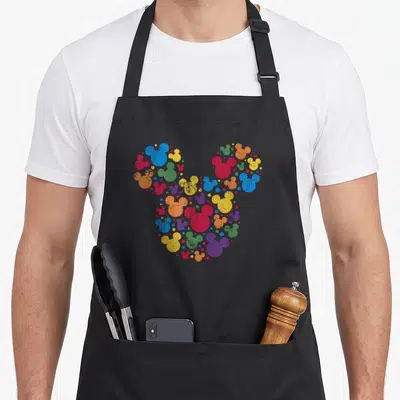 Funny icon rainbow apron - Large Mickey Mouse silhouette formed by cluster of smaller blue, red, yellow, green, purple — shown on a black cotton canvas apron against a white background