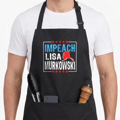 Impeach senator apron - Red Alaska map and stacked text IMPEACH LISA MURKOWSKI in distressed blue and white — shown on a black cotton canvas apron against a white background