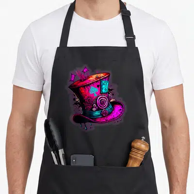 Steampunk alice wonderland apron - Pink top hat with gears roses and 10 6 playing card in cartoon style — shown on a black cotton canvas apron against a white background