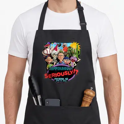 Jeff hollywood apron - Cartoon caricatures and neon text Jeff Dunham Seriously Phoenix 2022 — shown on a black cotton canvas apron against a white background