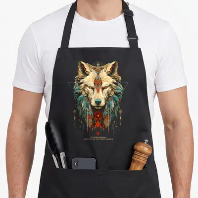 Animal native american apron - Realistic wolf head with teal fur, red gold geometric pendants, and centered text — shown on a black cotton canvas apron against a white background