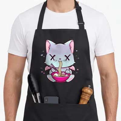 Kawaii japanese anime cooking apron - Pastel blue cat holding chopsticks at pink ramen bowl with hearts and sparkles — shown on a black cotton canvas apron against a white background