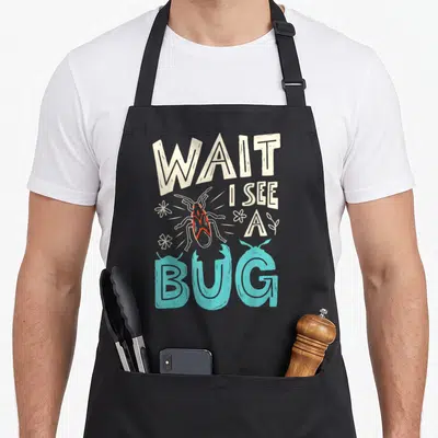 See entomologist apron - Red bug illustration between stacked WAIT I SEE A BUG text in cream and blue — shown on a black cotton canvas apron against a white background